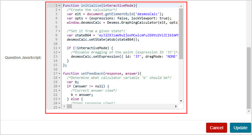 The Question Javascript field is highlighted in the HTML component, with the initialize, setFeedback and setResponse functions.